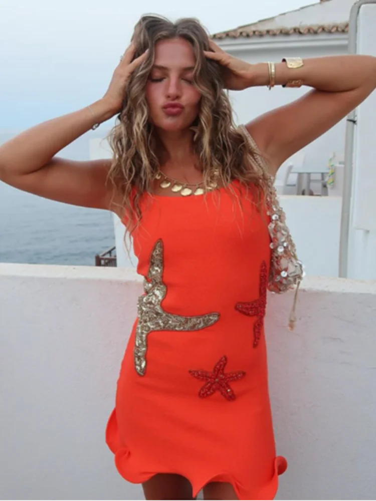 Sparkling Star Print Ruffle Women Mini Dress