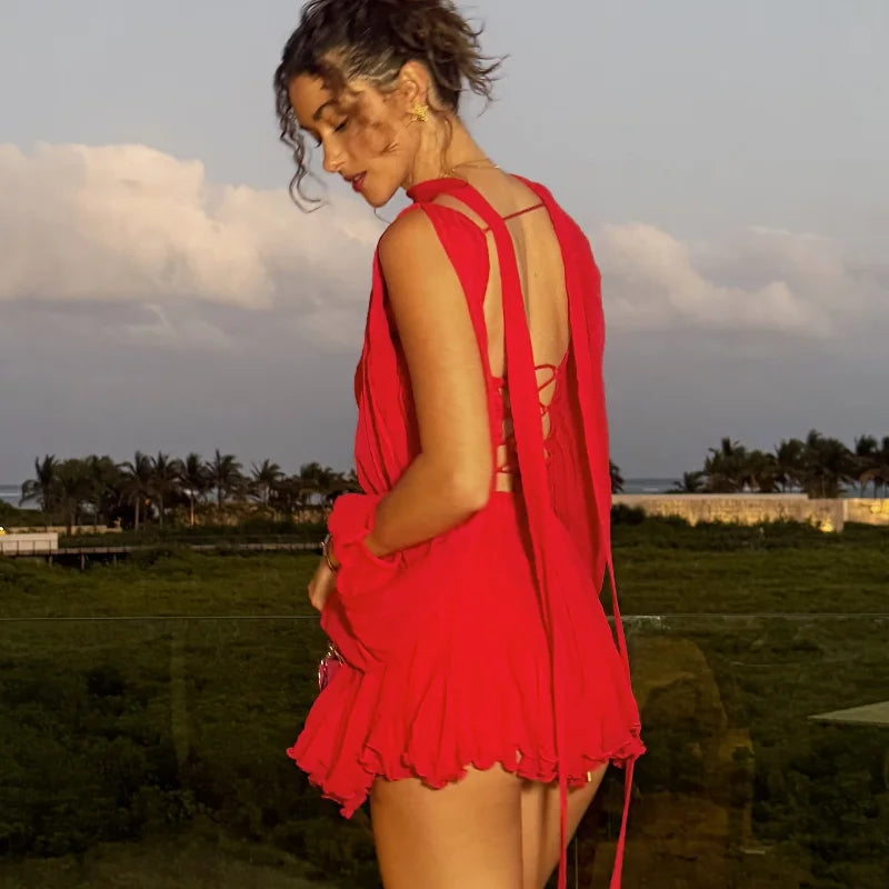 Chiffon Pleated Lace Up High Waist Mini Dress