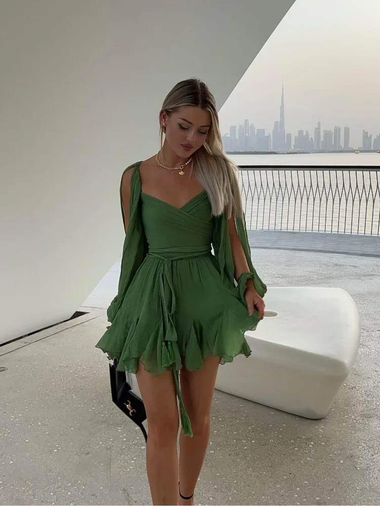 Chiffon Pleated Lace Up High Waist Mini Dress