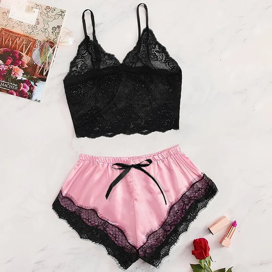 Women New Sexy 2 Pcs Lace See-Through Pajamas