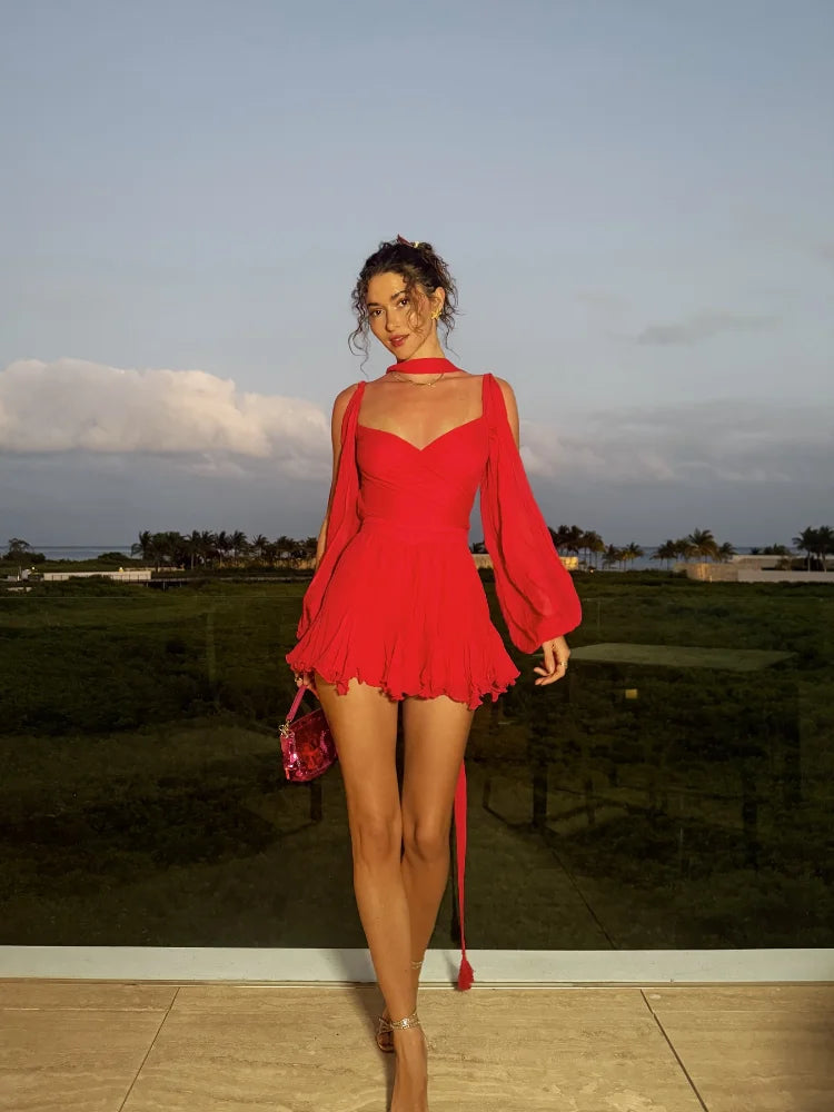 Chiffon Pleated Lace Up High Waist Mini Dress